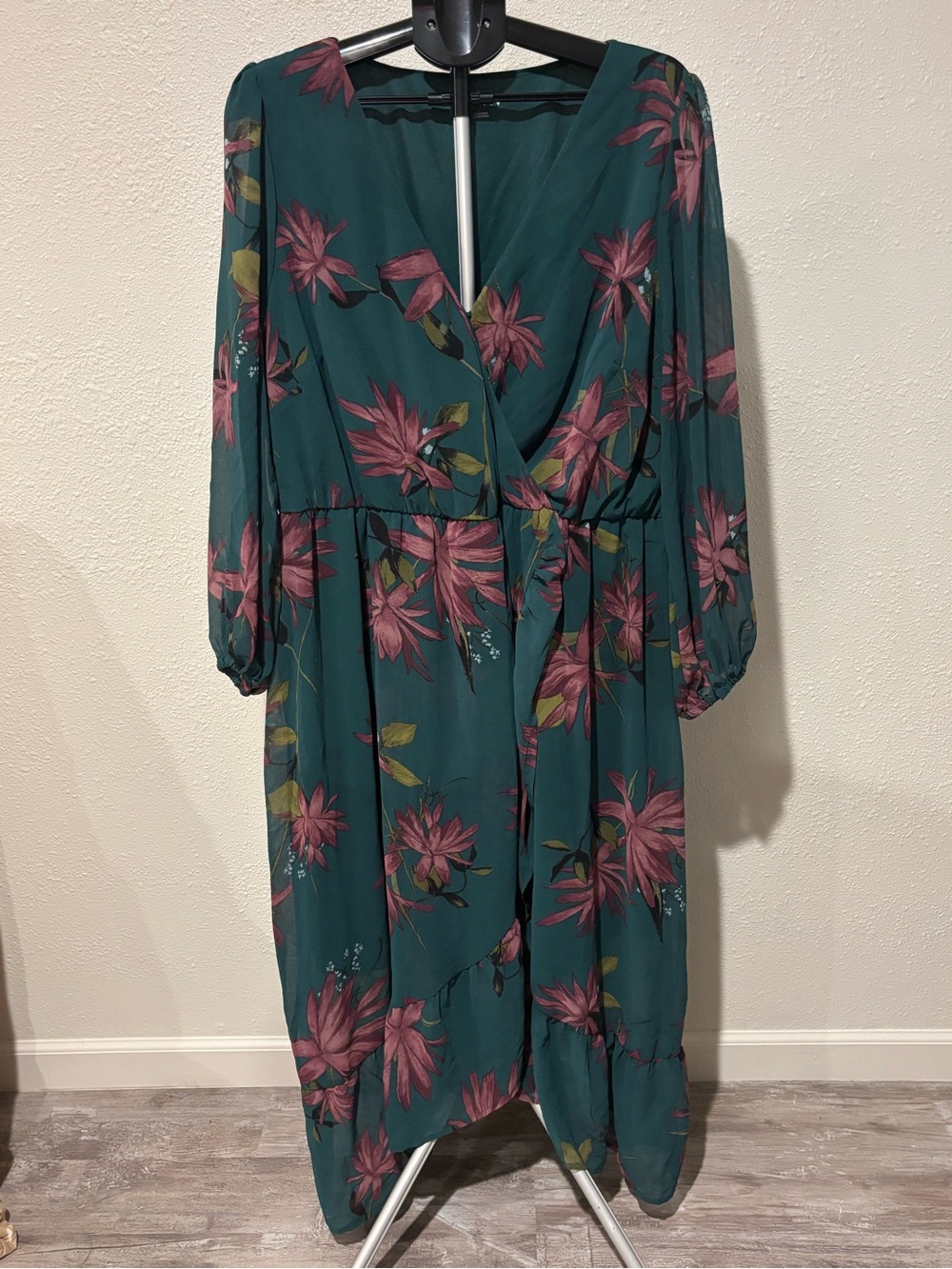 Ava & Viv Teal Floral High-Low Wrap Dress with Pink Blooms